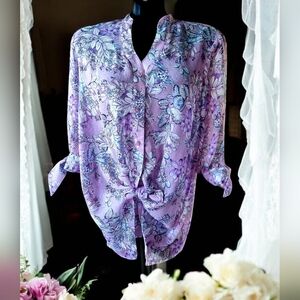 Bellina Lilac Floral Sheer Button Down Flowy Blouse With Sleeve Ties